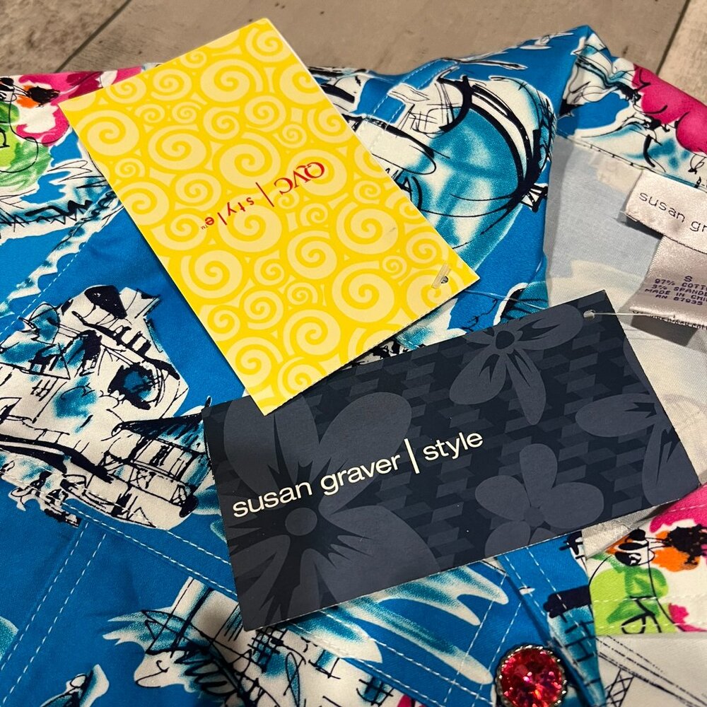 Susan Graver Women Blue Pink Tropical City Scape Collar Blouse Jacket 8 BE - Picture 6 of 9